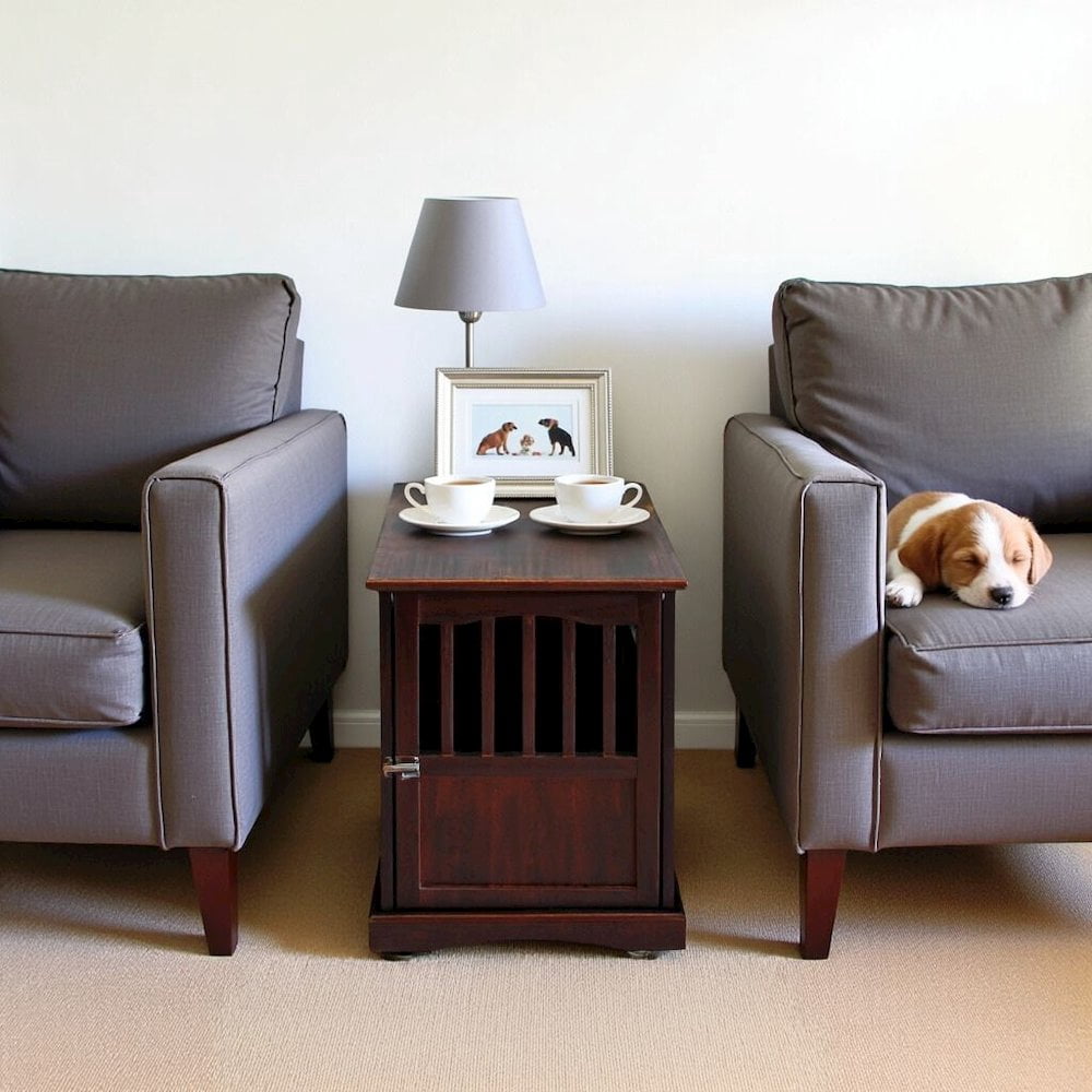 FurniFact Brown Dog Kennel Furniture with Gate, Solid Wood Dog Crate End Table