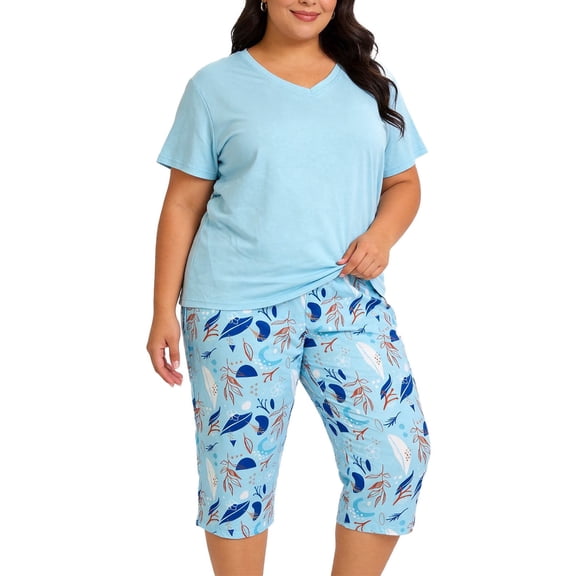 Plus Size Pajamas, PUTUO Womens Pajama Sets, Plus Size Short Sleeve V Neck Capri Pants Pajama Sets, Soft Ladies Pajamas Sleepwear Loungewear