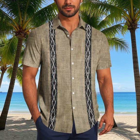 Men's Shirts Cuban Guayabera Casual Short Sleeve Button Down Textured Shirt Lightweight Summer Beach Hawaiian Shirts Khaki XXXL