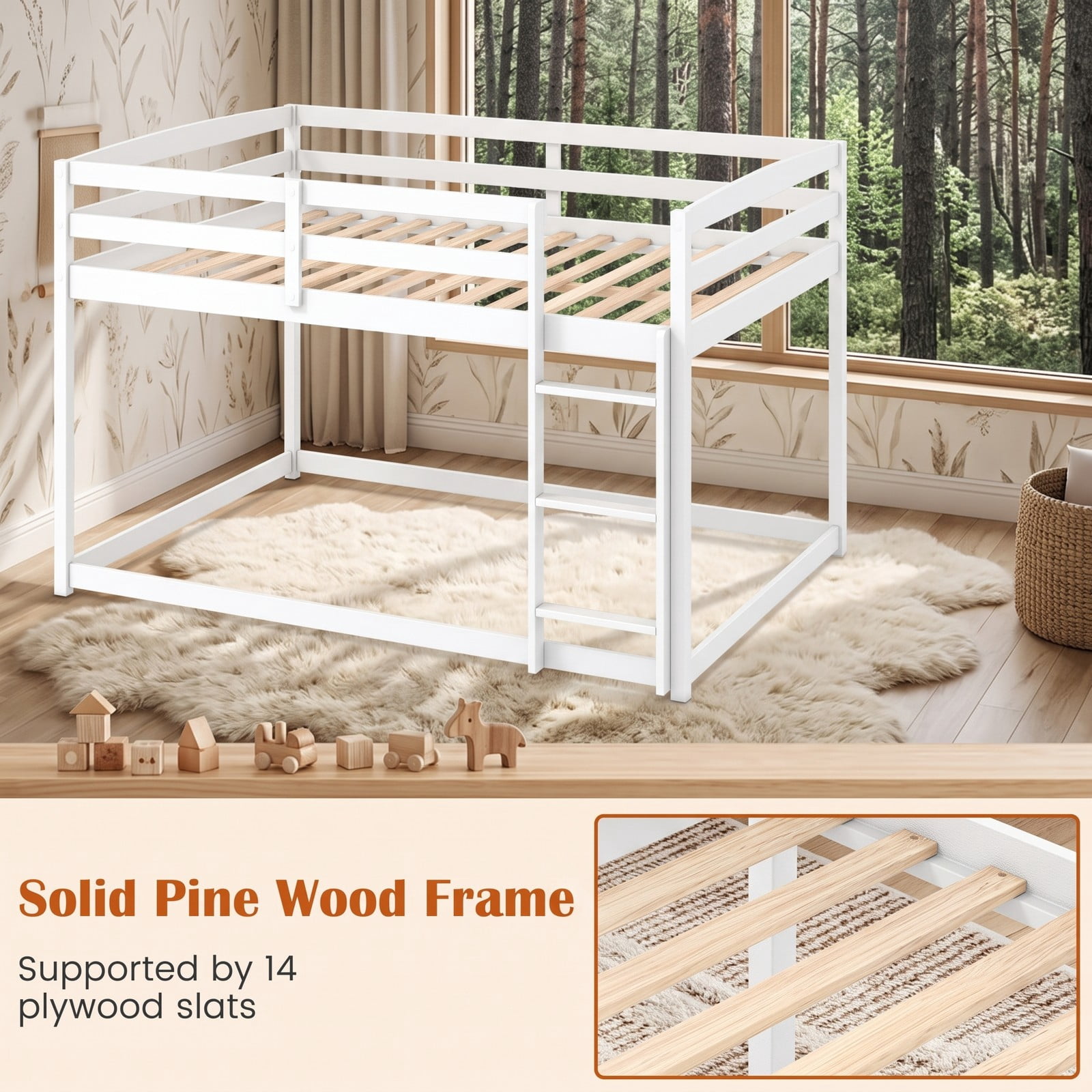 Furnibear Low-to-ground Full Over Full Wood Bunk Bed with Integrated Ladder and Safety Guardrails for Kids Shared Rooms, White