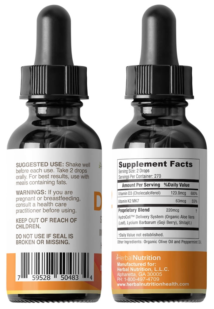 Two Pack - Vitamin D3 Liquid Complex Organic D3 K2 5000iu 270 Servings Per Bottle from Herbal Nutrition