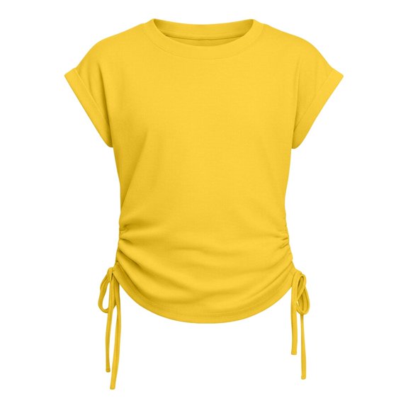YunPes Girls Shirts Side Ruched Short Sleeve Crewneck 𝐅itted Tops Casual Summer Soft Tee Clothes 6‐15 Years Yoga Dance Streetwear