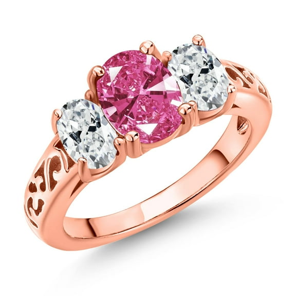 Gem Stone King 18K Rose Gold Plated Silver Pink Zirconia and White Zirconia Filigree Style 3 Stone Ring for Women (2.07 Cttw, Oval 8X6MM and 6X4MM) (Size 7)