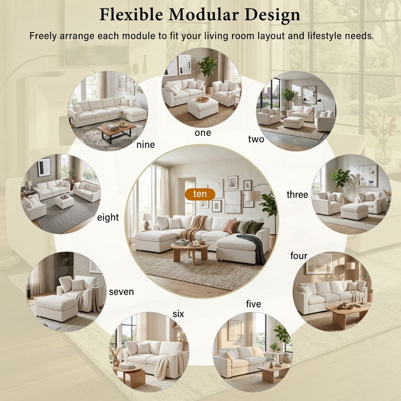 6-Seater Oversized Sectional Sofa, Upholstered Indoor Couch with Solid Wood Frame, Modular Sofa Set with 2 Movable Ottomans