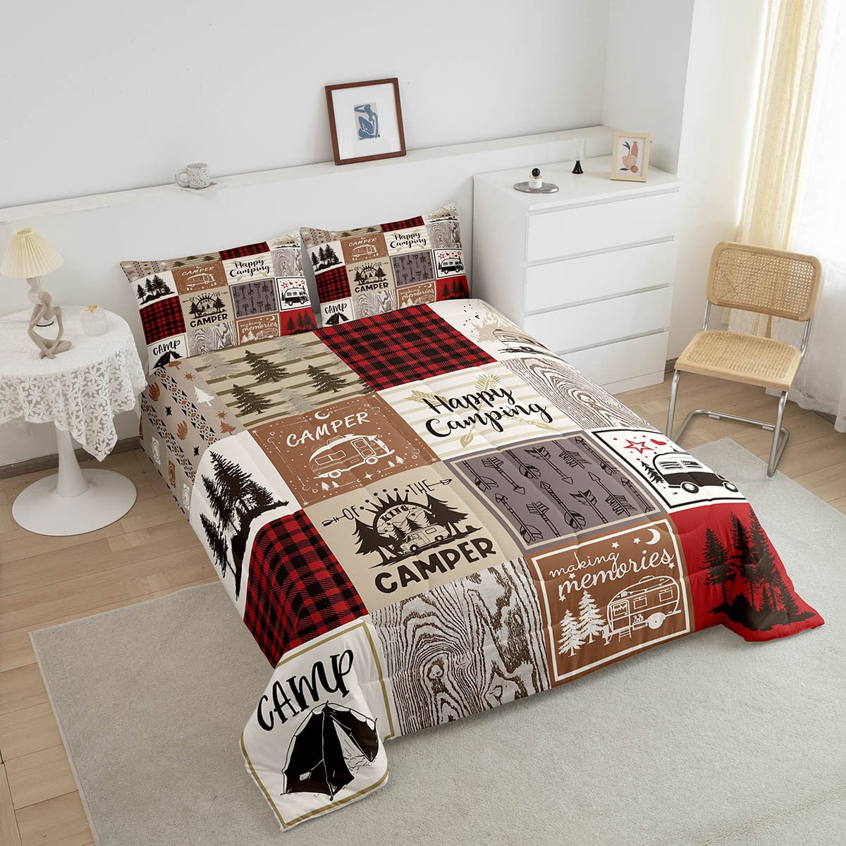 Erosebridal Short Queen Comforter For Rv Camper Happy Camping Bunk Comforter Set Rv Camper Accessories Bedding For Travel Trailers, Patchwork Buffalo Plaid Pine Tree Arrow Quilt Set Red Brown