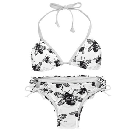 Sexy Women s String Bikini Set Mini Black and White Bee Print Two Piece Triangle Bathing Suit Swimsuits M