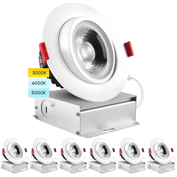 Luxrite 4 inch Gimbal LED Recessed Lighting Kit, 3 Color Selectable 3000K 4000K 5000K, 11W=75W, 1000 Lumens, Dimmable, Damp Rated 6-Pack