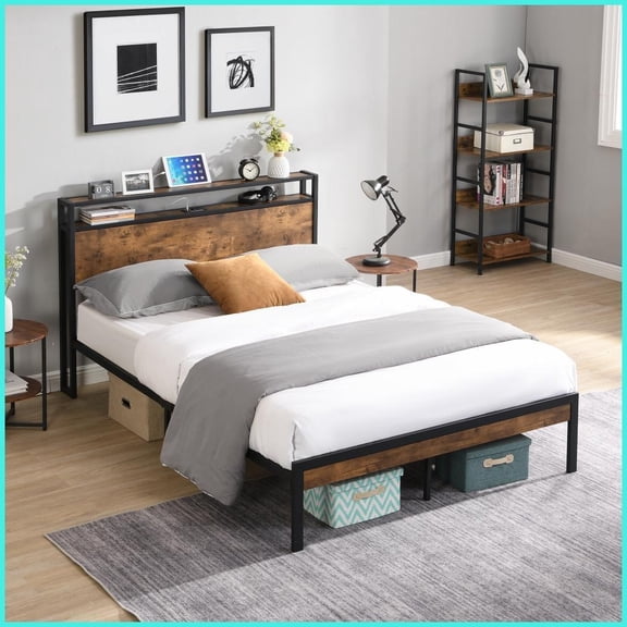 Full Size Metal Platform Bed Frame with Wooden Headboard & Footboard, RGB LED & Charging Shelf, 2 Drawers, No Box Spring Needed, Black & Brown