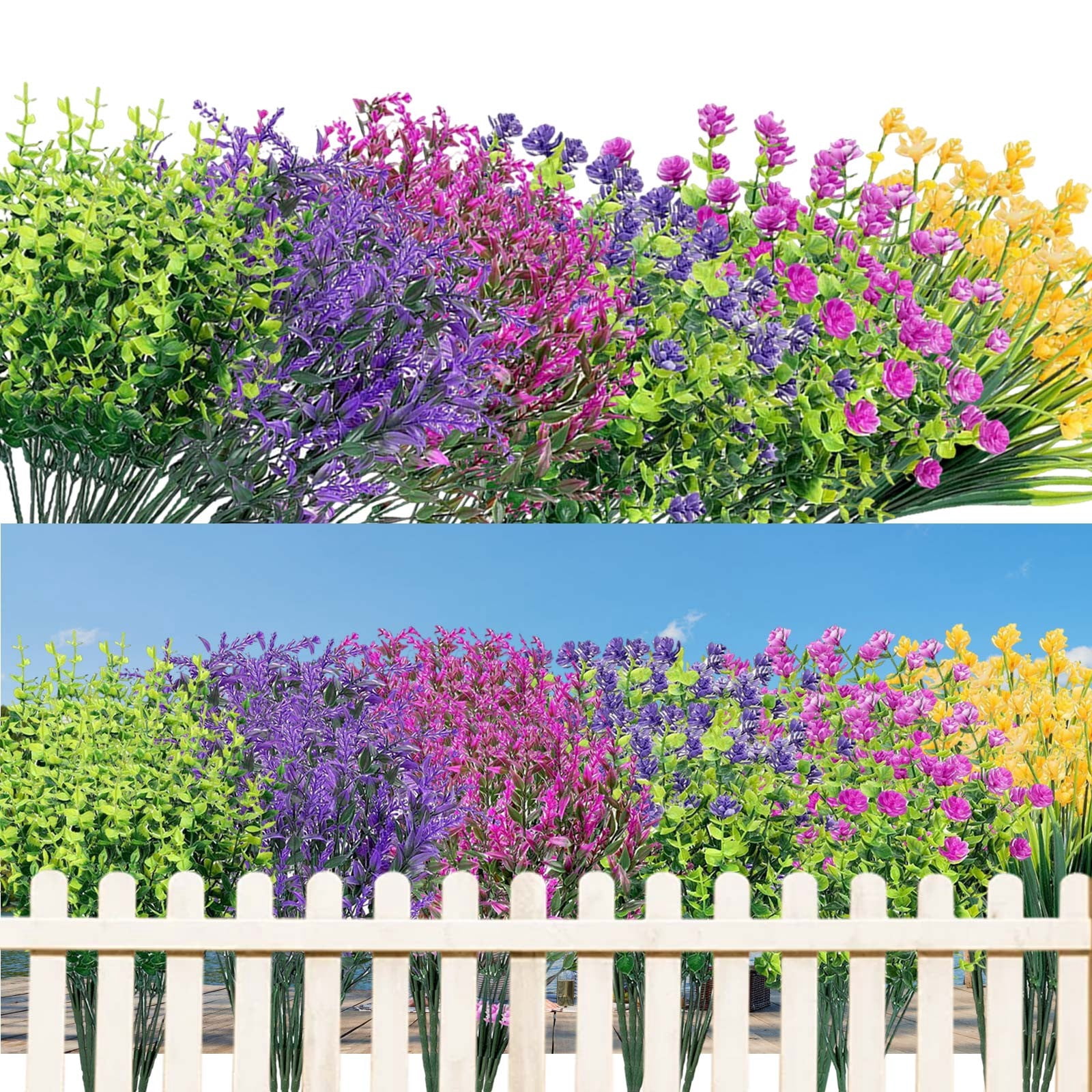 LYCAQL 24 Bundles Outdoor Artificial Flowers Colorful UV Resistant Outdoor Artificial Greenery Boston Fern Flowers for Patio Garden Decor