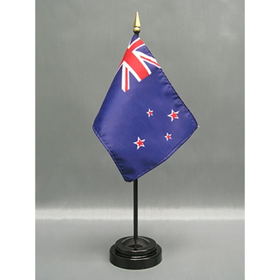 Made in The USA. 2 New Zealand Rayon 4"x6" Miniature Office Desk & Little Hand Waving Table Flags Includes 2 Flag Stands & 2 Small Mini Kiwi Stick Flags, Also Includes New Zealand Flag Lapel Pin.