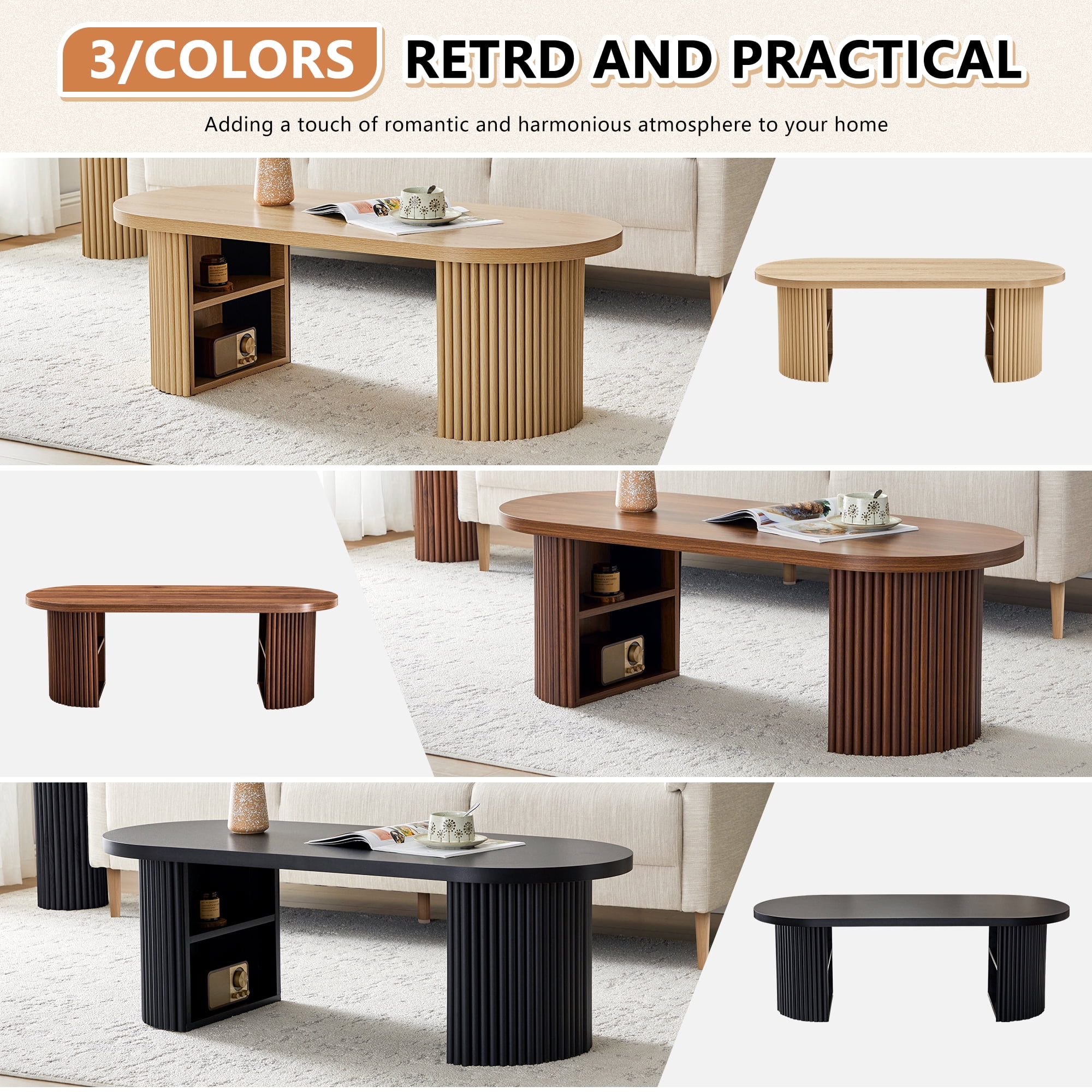 Wirrytor Mid-Century Oval Fluted Coffee Table with Hidden Storage, 47" Wood Center Table for Living Room, Natural