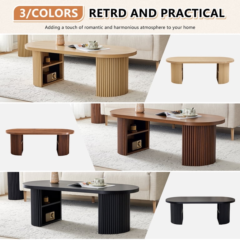 Roomfitters Mid-Century Coffee Table, Wooden Oval Fluted Center Table With Charging Station And Sliding Tambour Doors, Natural - Bed Bath & Beyond - 43530362-517580