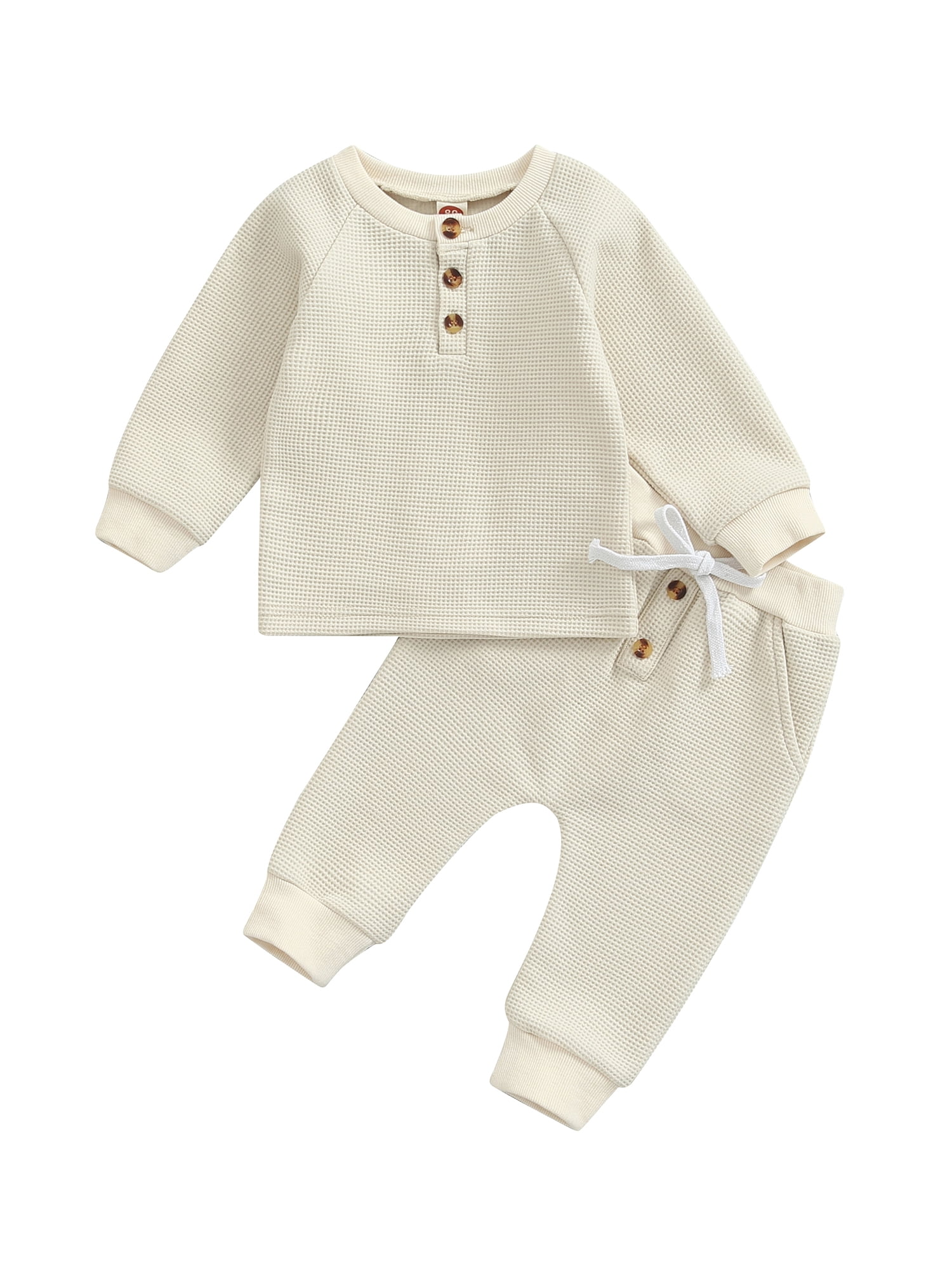 2pcs Solid Waffle Long-sleeve Baby Set