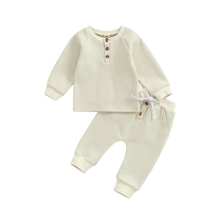 

Sunisery Toddler Unisex Baby Solid Color Outfits Waffle Knit Long Sleeve Pullover Shirts Pants Fall Winter 2Pcs Apricot 6-12 Months