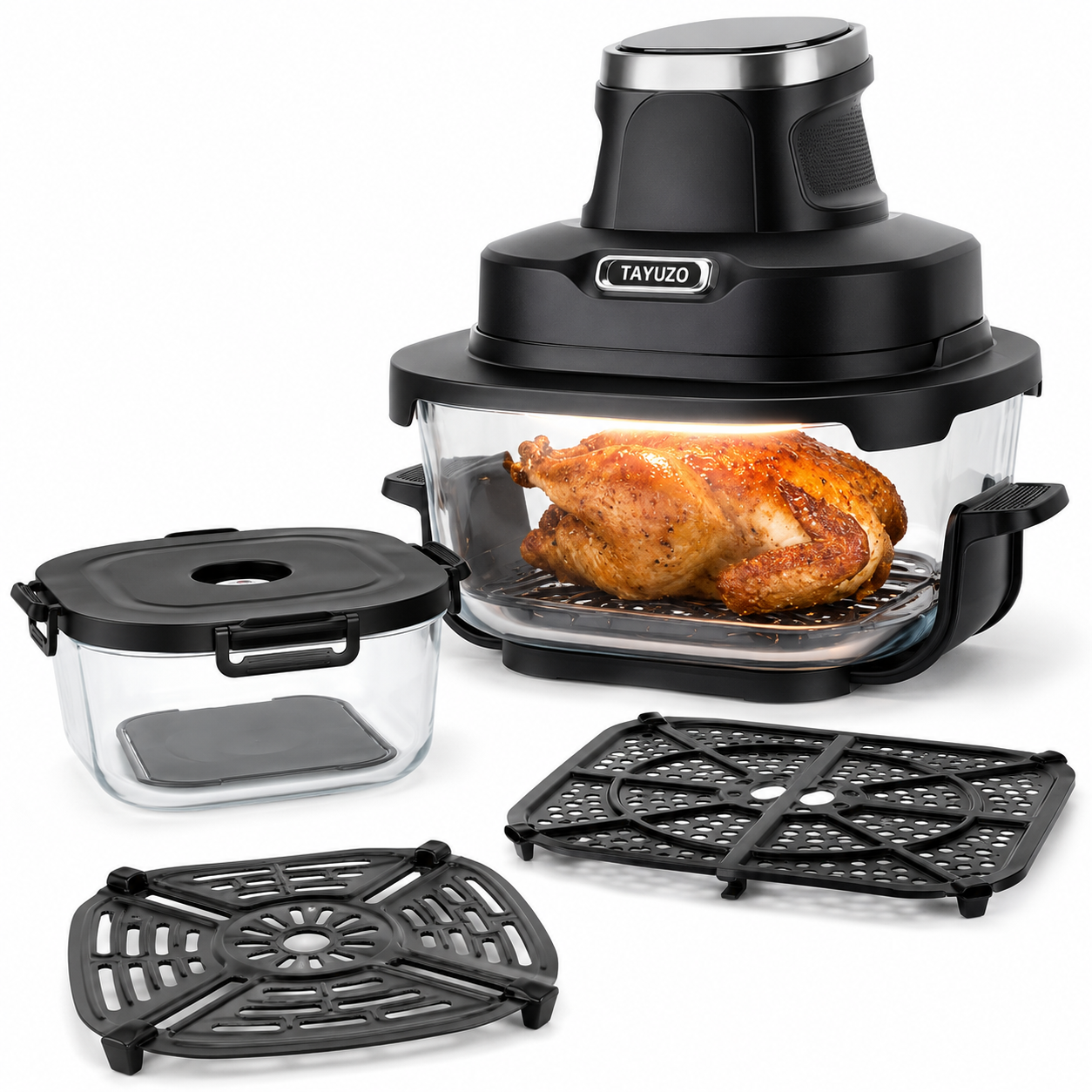 TAYUZO Glass Air Fryer Set – PFAS-Free Cooking with Clear Glass Bowl & 6-in-1 Digital Presets