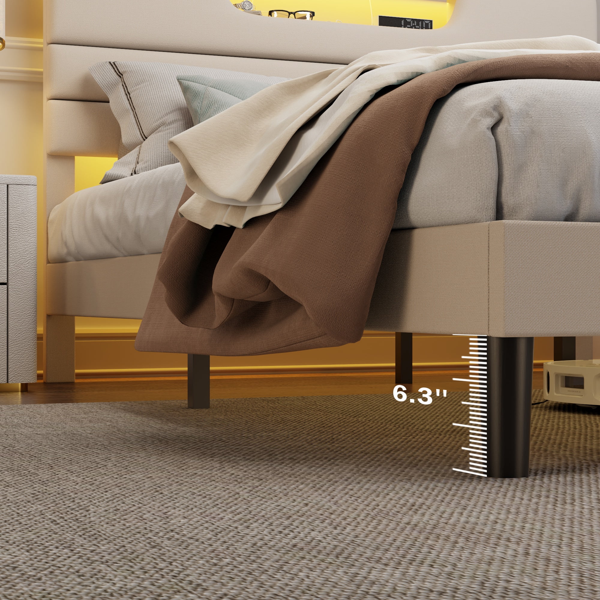 Tydimor Beige Fine Linen Fabric Bed Frame with LED Lights & Charge Station, Twin Size Bed Frame with Upholstered Headboard, No Box Spring Needed