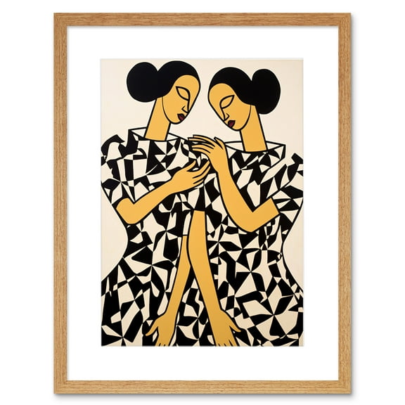 Women in Geometric Pattern Dresses Matisse Style Black Beige Sisters Geometric Artwork Framed Wall Art Print 9X7 Inch