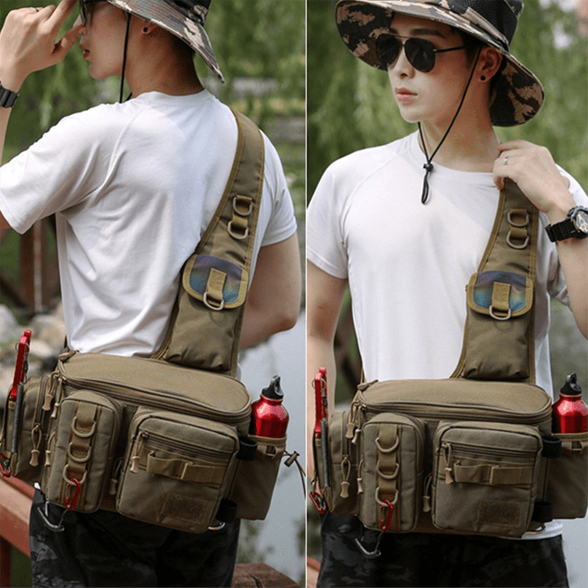 Fishing Tackle Backpack Lure Box Gear Storage Bag Fanny Pack Fly Fishing Backpack with Rod Holder Sling Shoulder Bag-B