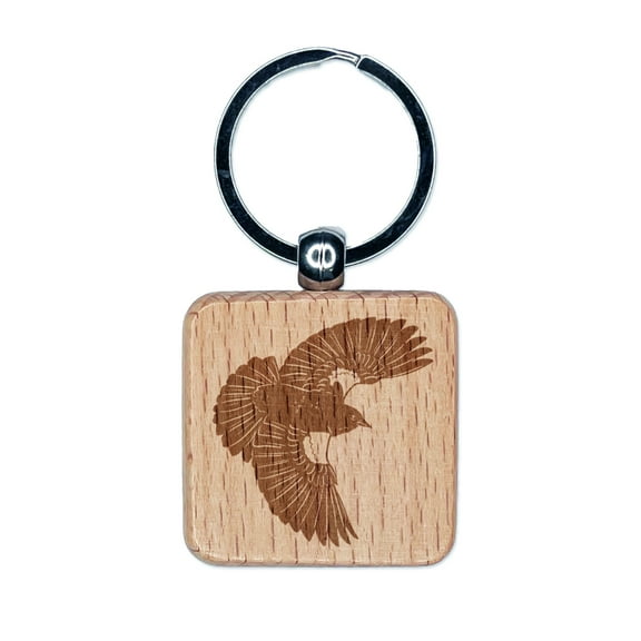 Red-Winged Blackbird Bird Flying Square Keychain Charm Tag - Engraved Wood