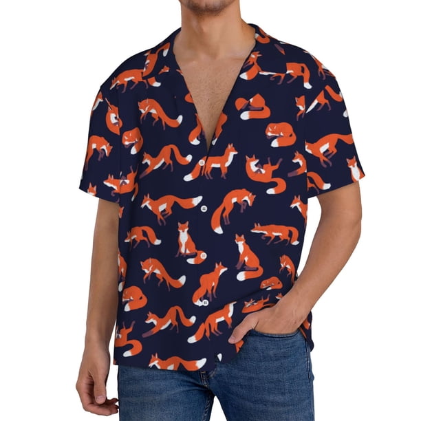 Balery Foxes In Different Poses Camisa Casual de Manga Corta con Botones para Hombre, Texturizada, Estilo Cubano, para Playa, Verano-Small