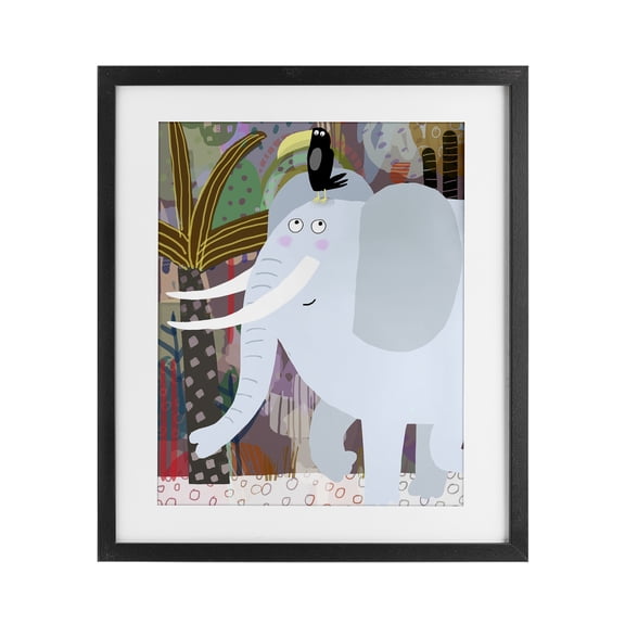 Elephant & Toucan in Jungle Black Framed Print Under Glass, design by Carla Daly