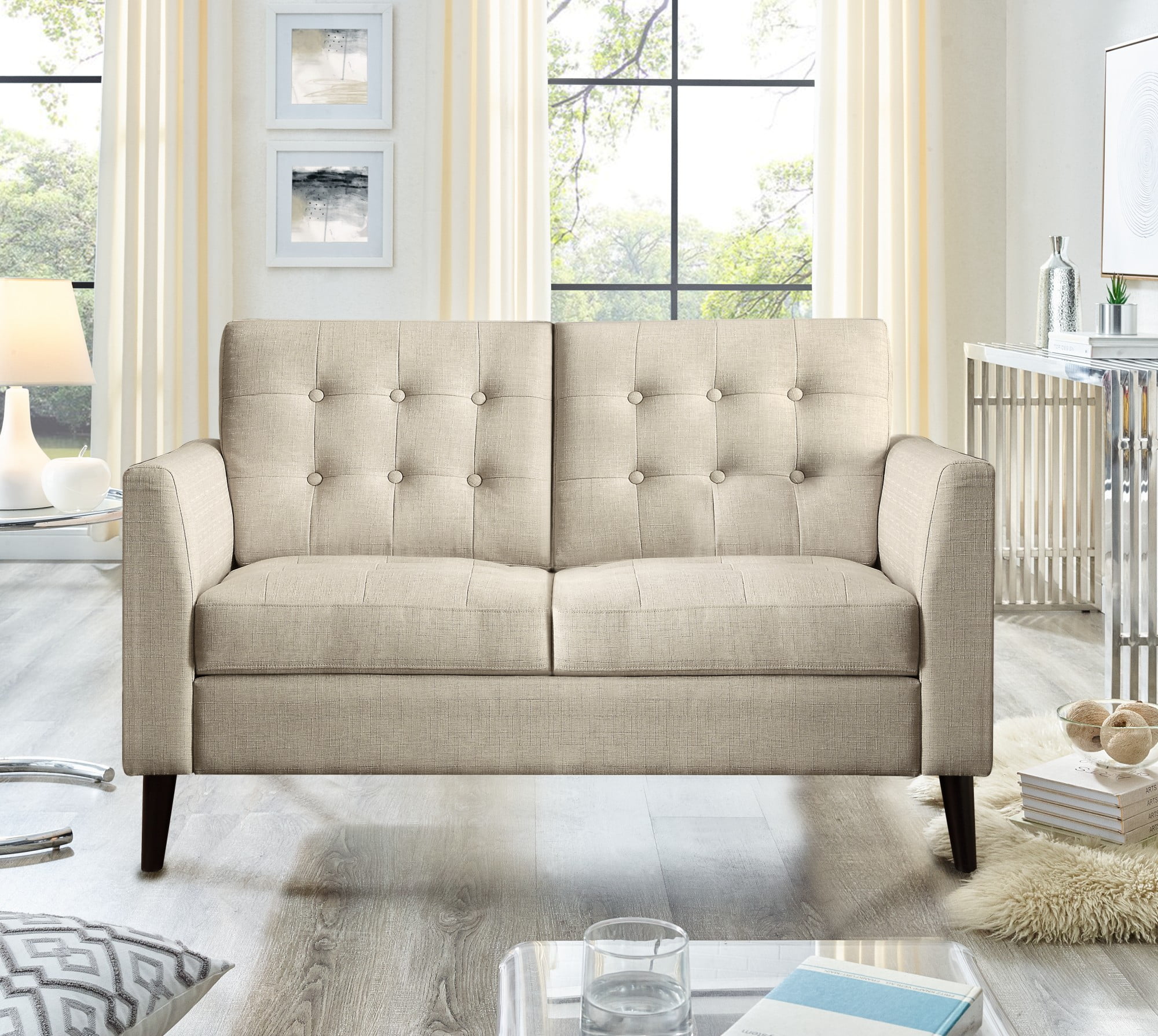 Gewnee Beige 48-Inch Linen Loveseat Sofa 2-Seater Upholstered Couch Solid Rubberwood Legs Button-Tufted Backrest for Living Room Bedroom