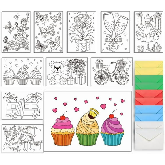 Celebrate Coloring Greeting Cards 10 Cards Celebrations Flowers Cakes Gift with 5 Colors 10Pcs Envelopes Included (8x6 inch) for DIY