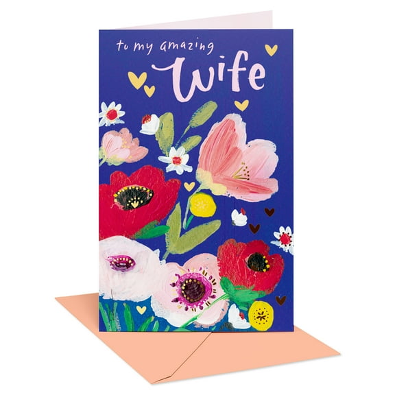 American Greetings Romantic Mother's Day Card for Wife (Flowers and Hearts on Blue)