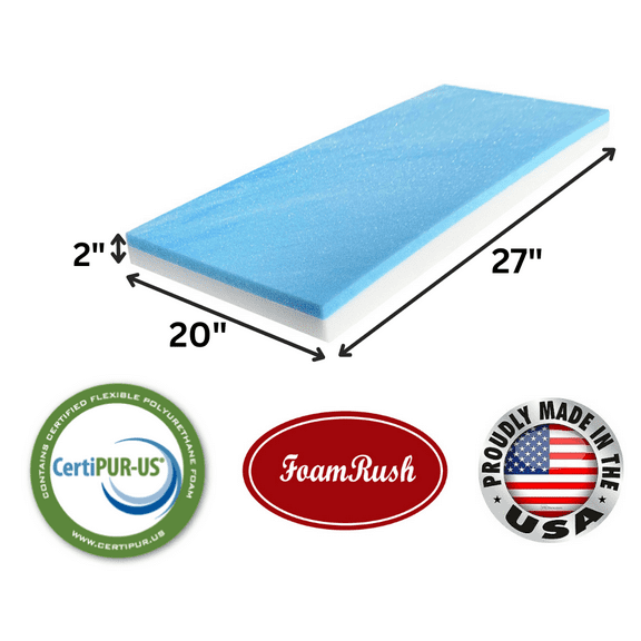 FoamRush 2" x 20" x 27" Cool Gel Memory Foam Seat Cushion Replacement Medium Firm (Upholstery Foam, Seat Replacement, Upholstery Sheet, Foam Rubber Padding, Couch, Sofa Cushion, Mattress)Made in USA