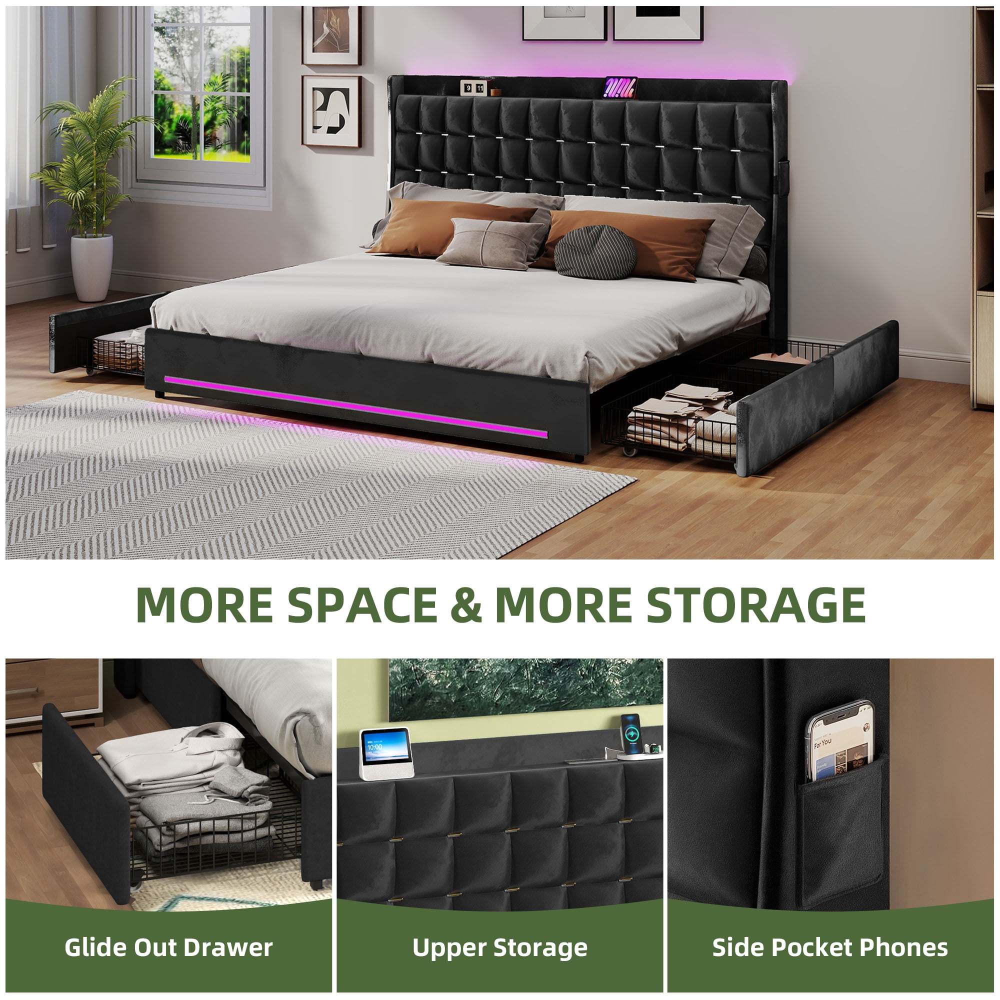 Uforic Upholstered Bed Frame with Charging Station & Drawers, King Size Bed Frame with LED Lights, Black