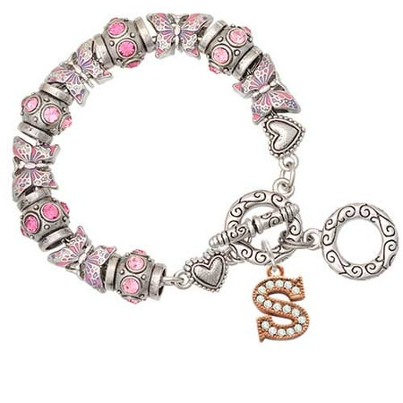 Rose Goldtone Crystal Initial S Pink Erfly Bead Charm Rose Goldtone Crystal Initial S Pink Erfly Bead Charm Bracelet