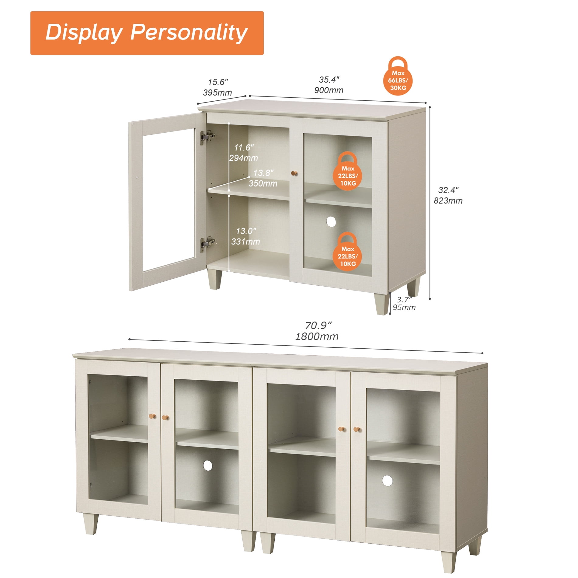 Set of 2 Buffet Cabinet Sideboard With Glass Doors, Adjustable Shelves and Cable Management For Kitchen Dining Room, 71" W, Beige Wood