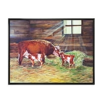 Designart 'Newborn Twin Calves With Cow At The Farm' Farmhouse Framed Canvas Wall Art Print