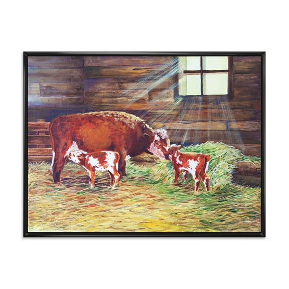 Designart 'Newborn Twin Calves With Cow At The Farm' Farmhouse Framed Canvas Wall Art Print