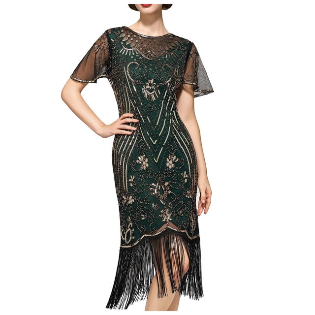 Robes d'Été Flapper Années 1920 Col en Dentelle Super Rugissant Années 20 avec Manches Harlem Soirée Robe Femmes Vert m