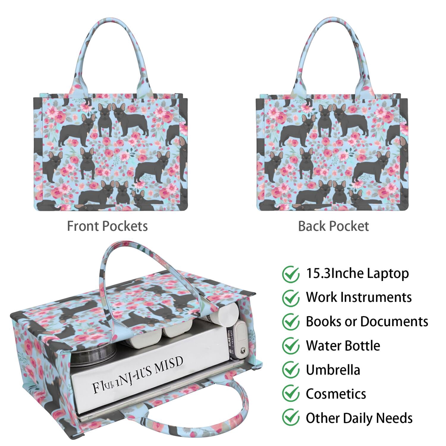 Large Capacity Tote Bag,French Bulldog and Flower Handbag Fashion Luxury Tote Bag,15.7"x13"x 5.1" Inches,Laptop Compatible