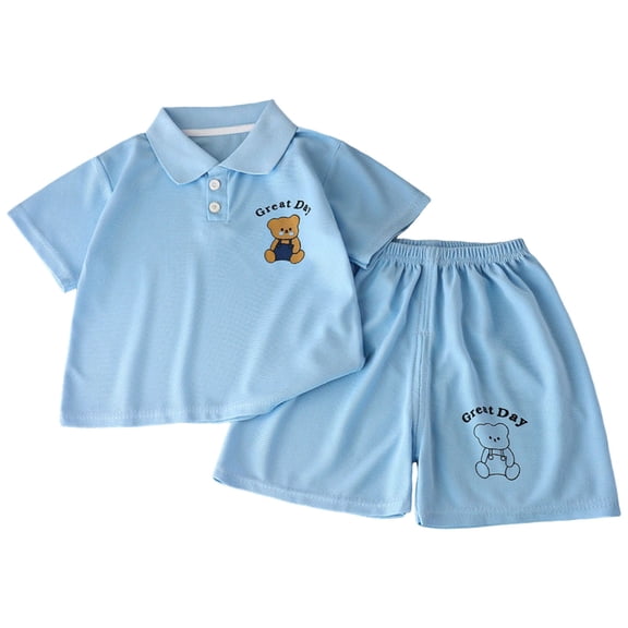Quealent Boys' Outfit Sets Henley T Shirts with Short Air Conditioned Clothing Cartoon Printed 2PC Sets for Kid (Blue, 7-8 Years)