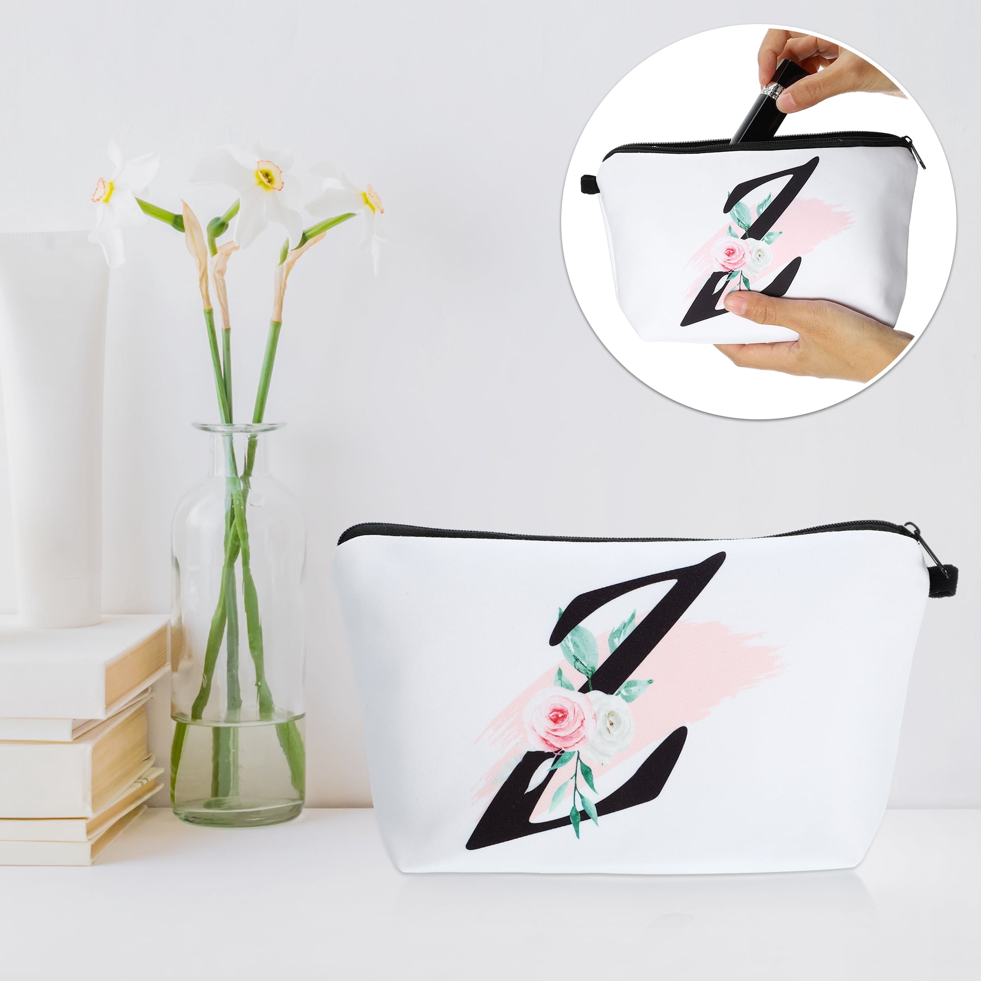 Unique Bargains Personalized Makeup Bag Z Letter Purse Small Cosmetic Bag Zipper Monogrammed Makeup Bag Pouch White