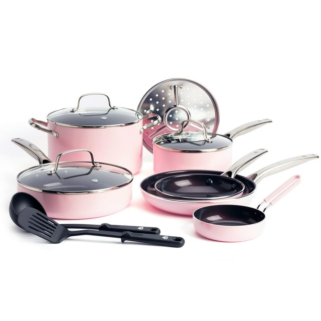 Pink 12-piece Blue Diamond ceramic cookware set with non-stick frying pans, saucepans with glass lids, stockpot, steamer insert and black cooking utensils.