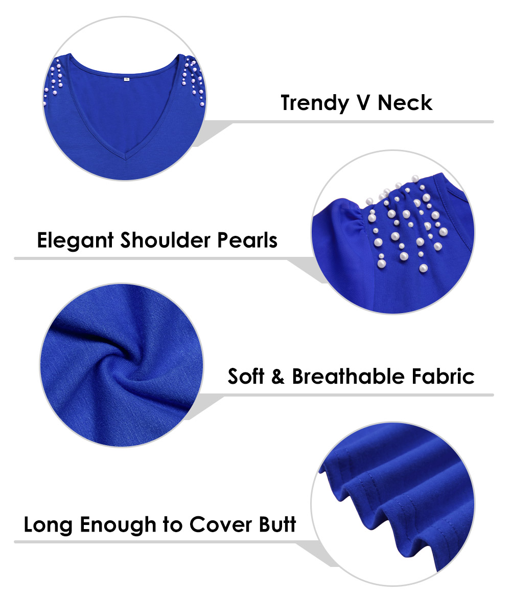 TIYOMI Plus Size Chiffon Tops For Women Royal Blue V Neck Pearls ...