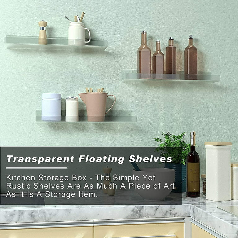 Yulejo 6 Pieces Small Adhesive Wall Shelves, 4 in Clear Floating Shelves  Ledges, Acrylic Display Shelf Flexible Use of Wall for Kitchen Room Bedroom