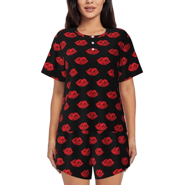 Fotbe Red Beautiful Lips Conjunto de Pijama Estampado para Mujer, 2 Piezas, Ropa de Dormir con Camiseta de Manga Corta y Shorts Suaves-Medium