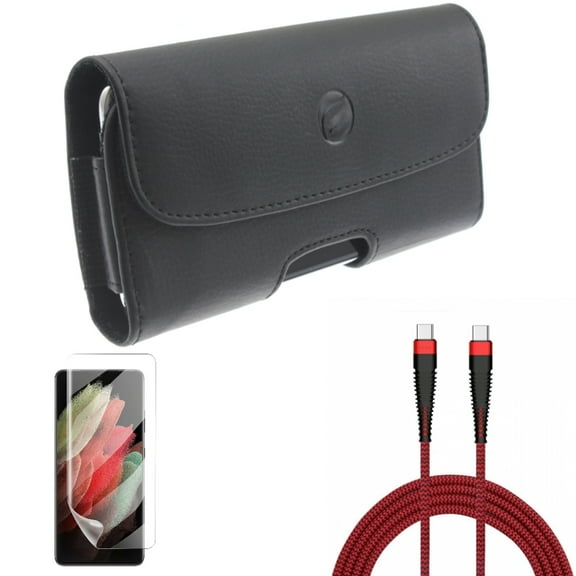 Case Belt Clip & 10ft PD Cable & Matte Screen Protector for Samsung Galaxy S21 Ultra Phone - Leather Holster & Type-C to USB-C Charger Cord & TPU Film Anti-Glare Accessory Bundle