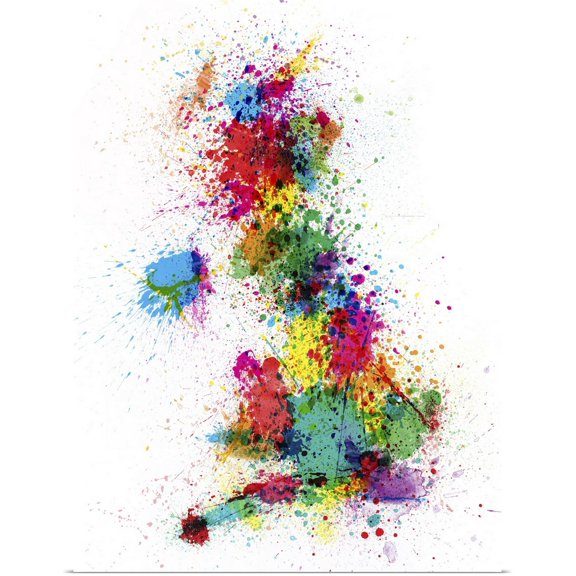 Great BIG Canvas | Rolled Michael Tompsett Poster Print entitled Map of United Kingdom in paint splatters