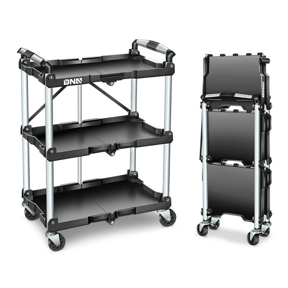 DNA MOTORING TOOLS-00430 3 Tier Folding Rolling Service CartCollapsible Utility Cart for Warehouse Workshops Restaurants