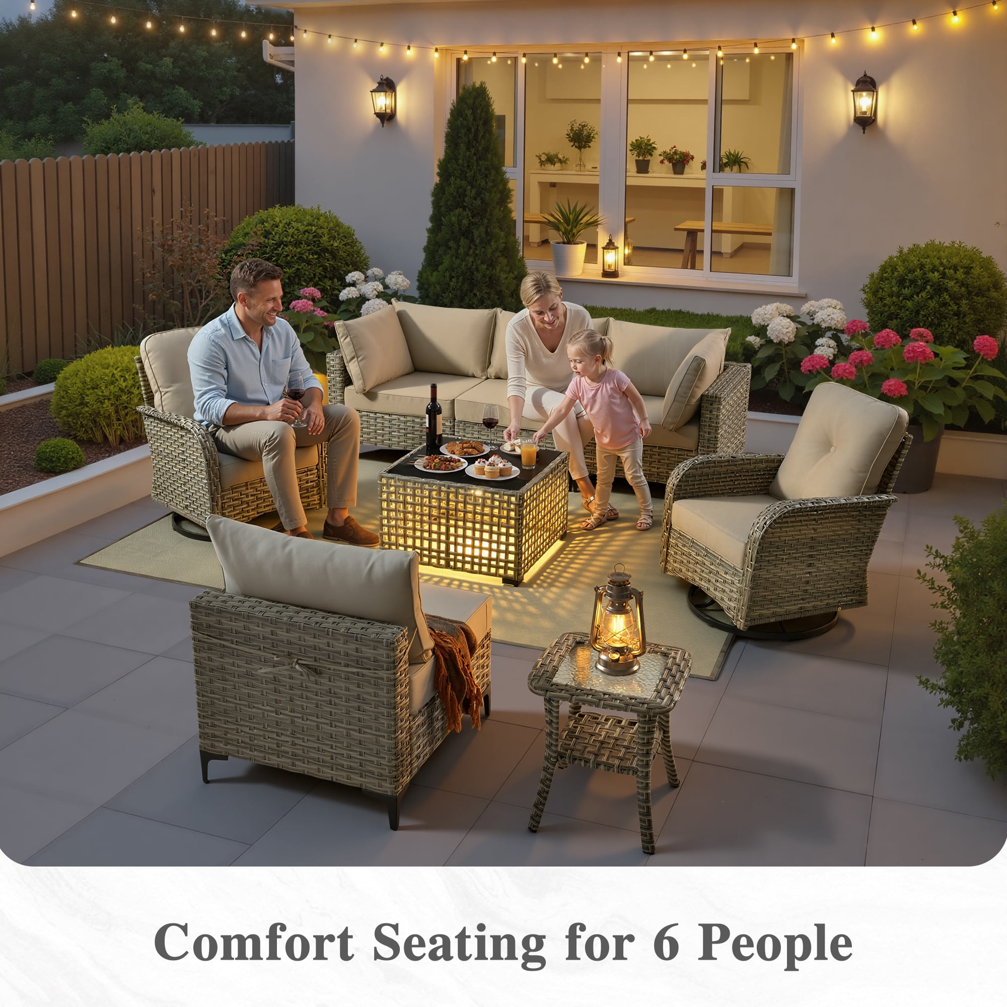 Ovios 8 Pieces Patio Furniture Outdoor Conversation Set Rattan Wicker Outside Sectional Sofa with Swivel Chairs & Solar Light Table, Beige