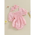 thumbnail image 4 of Yunliwuli Baby Girl 2Pcs Spring Outfits Short Sleeve Plaid Print Smocked Romper with Headband Set Infant Clothes, 4 of 10