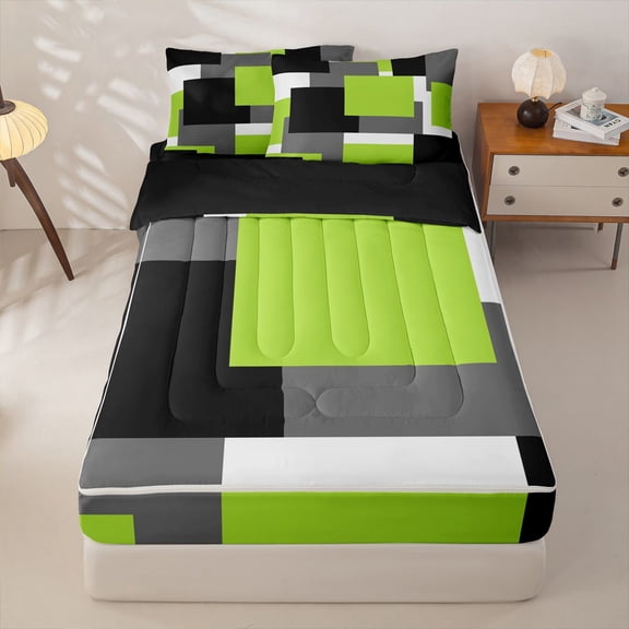 Homewish Green Geometric Square Zipper Twin Comforter Sets with Fitted Sheet and 2 Pillowcases,Modern Abstract Zipper Bedding Set,Black Reversible,4pcs