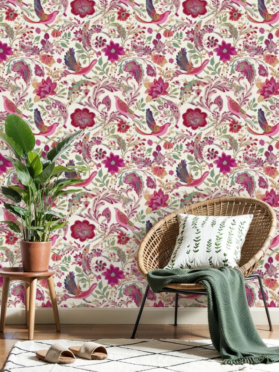 Paisley Peel and Stick Wallpaper 23.6in x 9.8ft Whimsical Floral Bird Rich Pink Purple Gold Tones Contact Paper Vinyl Waterproof Self Adhesive Wall Paper for Bedroom Shelf Cabinet Renter Friendly