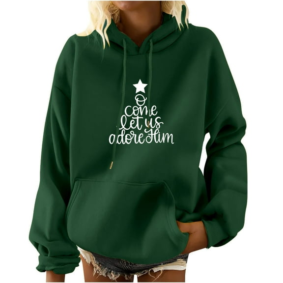 Odeerbi Christmas Hoodied Sweatshirt For Women Print Long Sleeve Pocket 2025 Casual Pullover Shirt Blouse Green